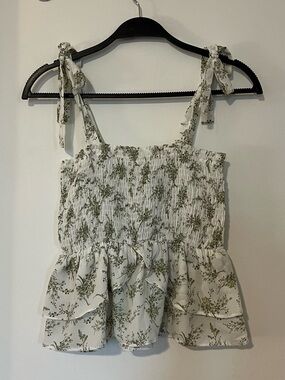 Paper Crane White Floral Smocked Tie-Strap Peplum Camisole